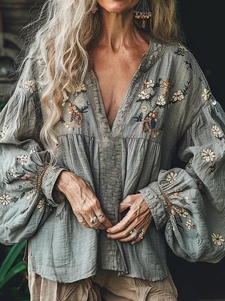 Bohemian Style Linen Floral Art Print Long Sleeve V-neck Shirt