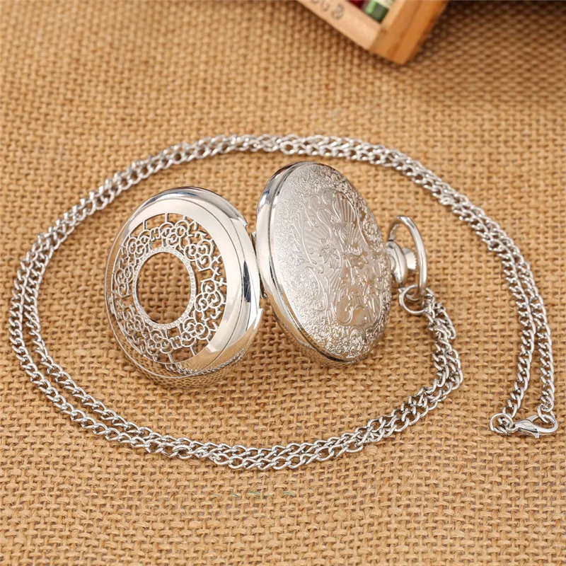Silver Hollow Out Flower Case Roman Number Quartz Pocket Watch for Women Lady Colorful Dial Pendant Necklace Chain reloj