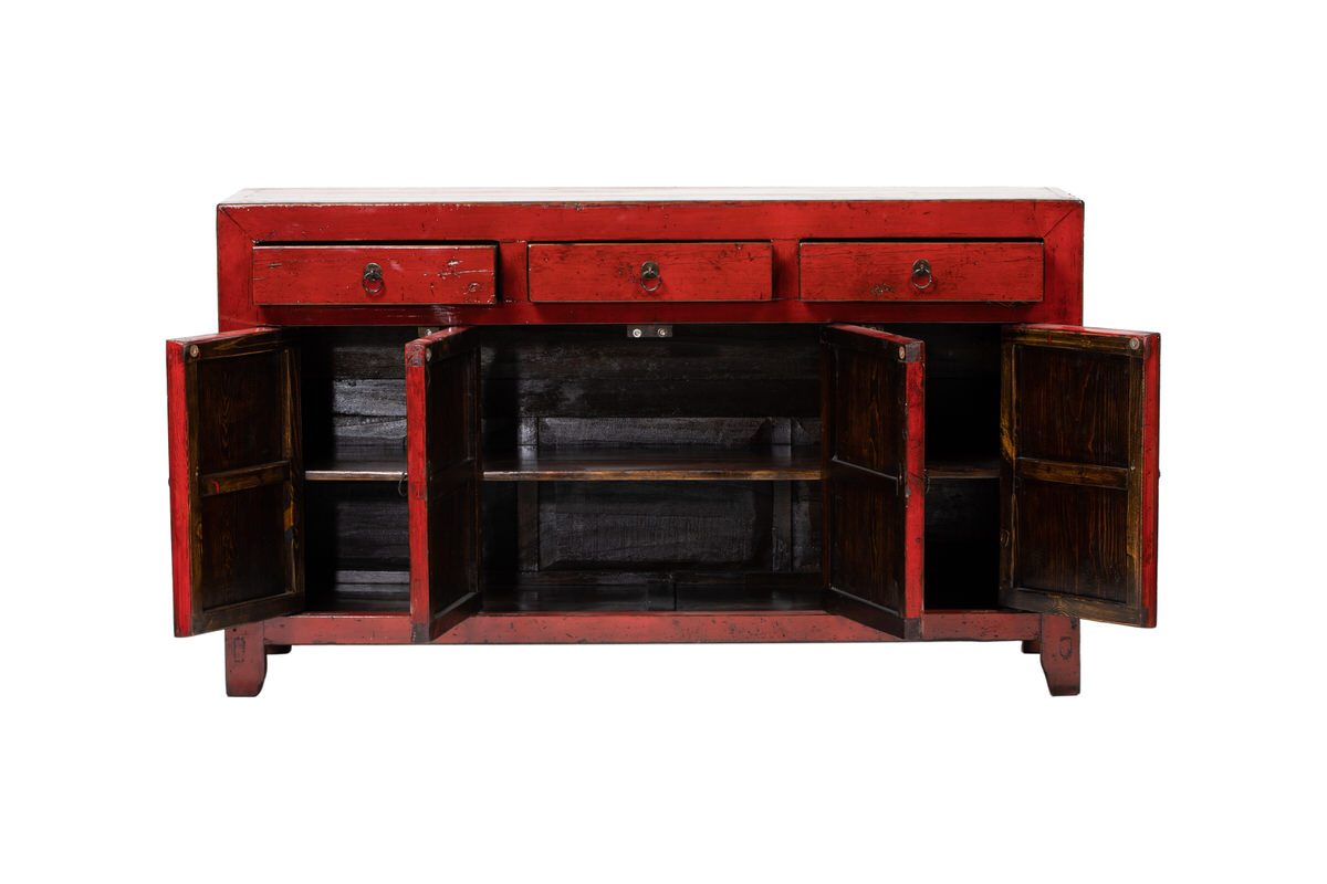 Liu Vintage Red 3 Drawer 4 Door Dongbei Sideboard