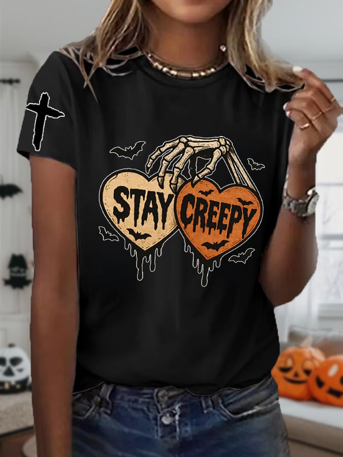 🔥Buy 3 Get 10% Off🔥Women'S Halloween Stay Creepy Print Short Sleeve T-Shirt