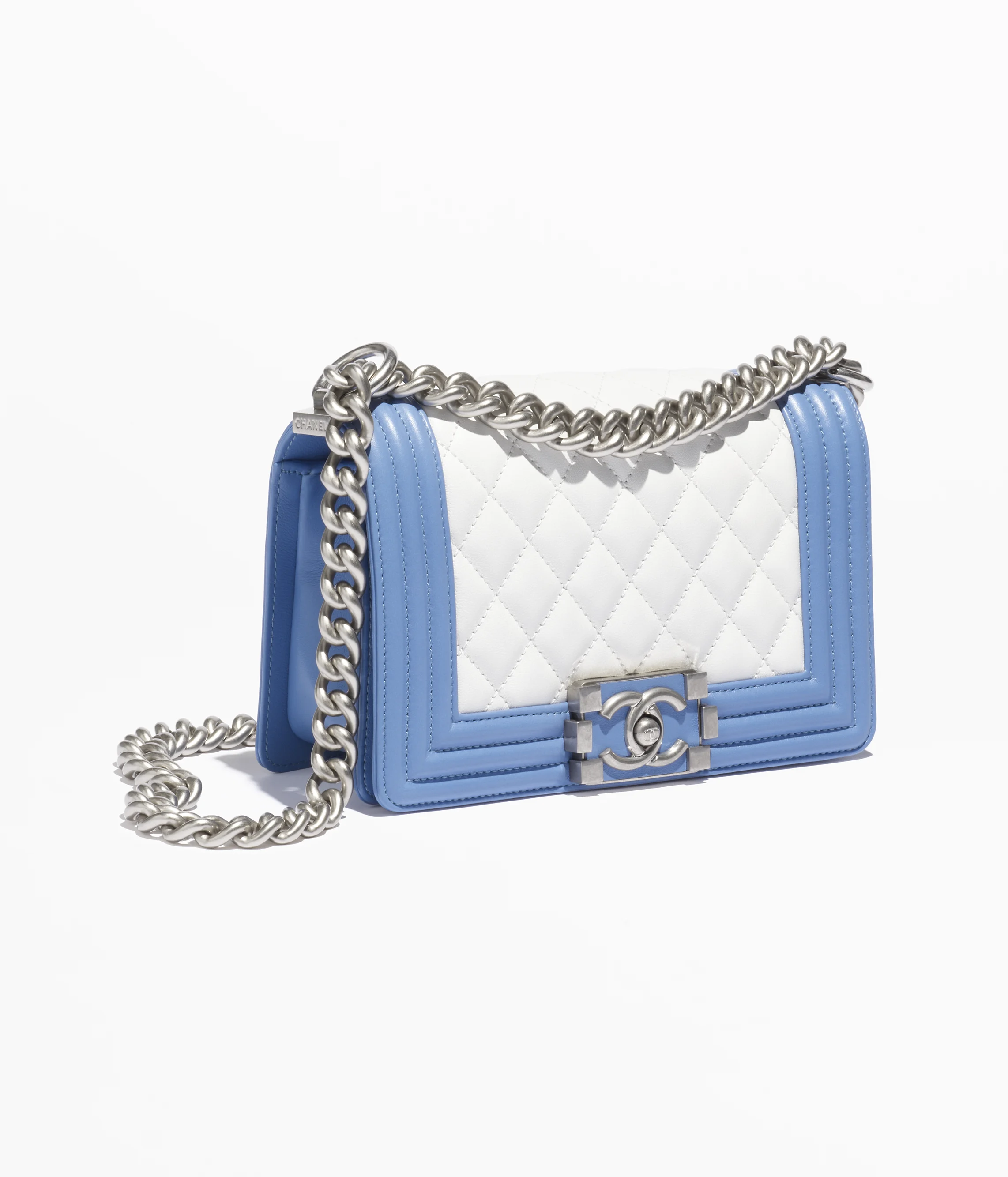 CHANEL Small BOY CHANEL Handbag Calfskin & Silver-Tone Metal White & Blue A67085-B18720-NACUX