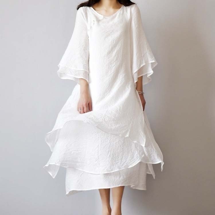 Casual Loose Round Neck Multi-layer Contrasting Color Midi Dress
