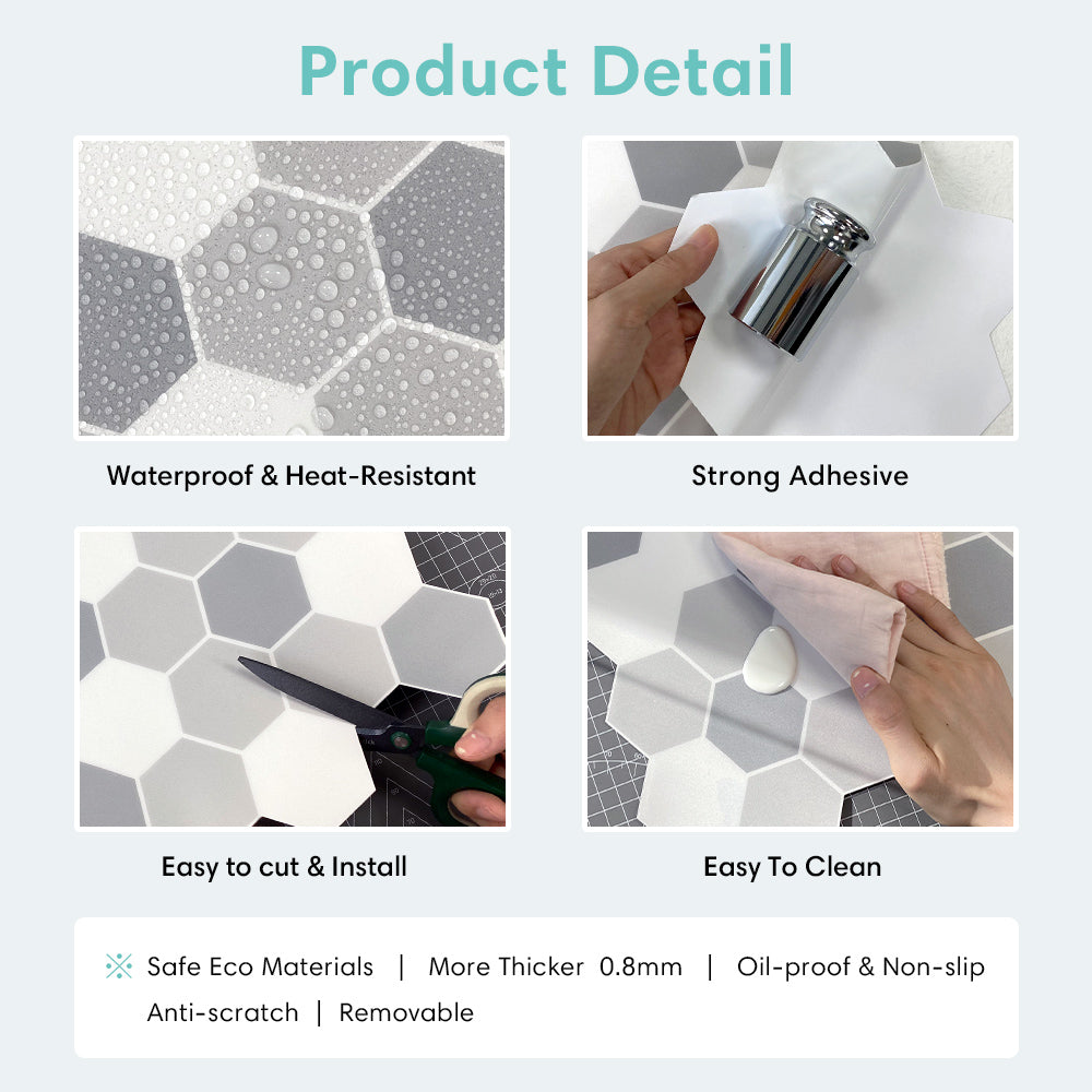 Grey and White Hexagon Peel and Stick Vinyl Floor Tile Sticker