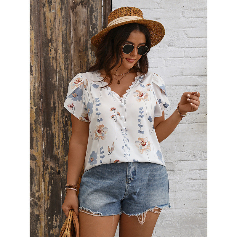 Plus Size Summer V neck Lace Stitching Printing Shirt Loose Women Clothing
