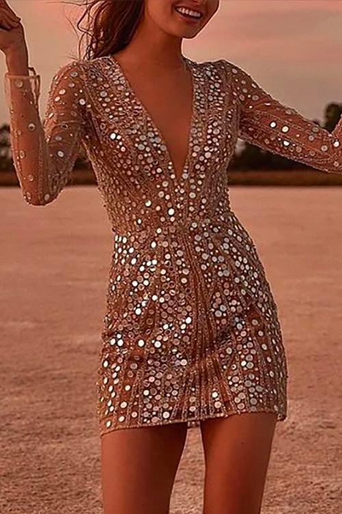 Heididress V Neck Mesh Sequin Mini Club Dress