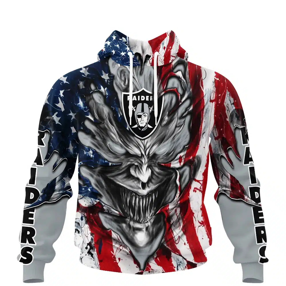 LAS VEGAS RAIDERS DEMON FACE AMERICAN FLAG-3D UNISEX HOODIE