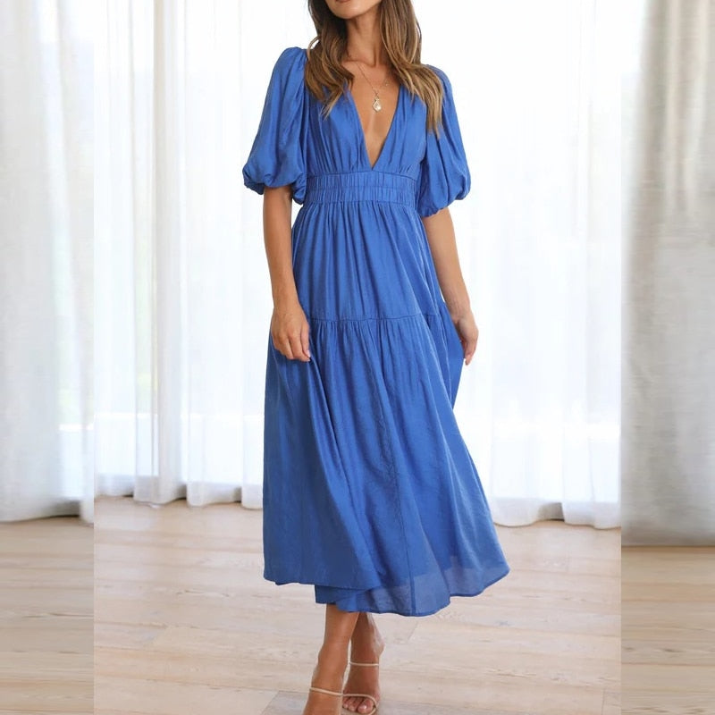 Women Casual Short Sleeve Deep V-neck Dress Ladies Loose High Waist Office Dress