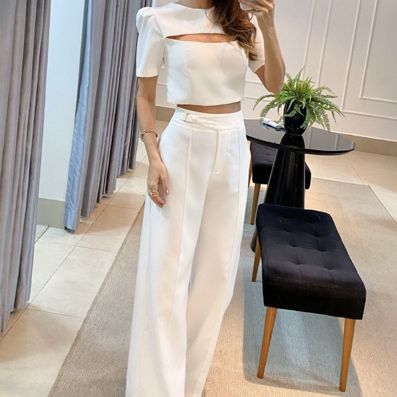 White Short Sleeve Top with Chest Hollow Out Detail - Women's Suit