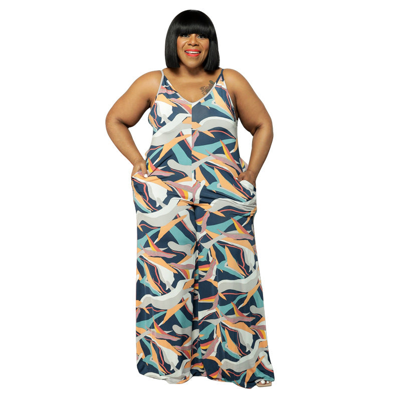 Plus Size New Arrival Jumpsuit Women Clothing Printed Sling Straight Loose Casual Pants
