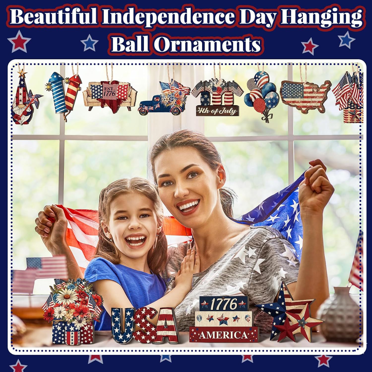 🔥[SAVE 50% OFF]--Independence Day Patriotic Decor-Handmade Double-sided printing Wooden Ornaments with the equipped rope