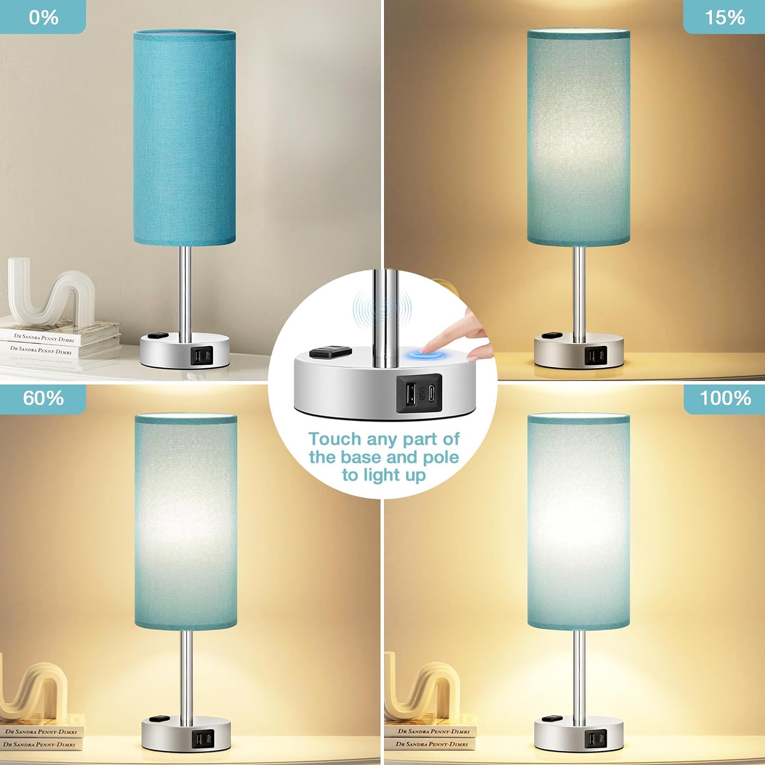 Bedside Table Lamp for Bedroom - 3 Way Dimmable Touch Lamp USB C Charging Ports and AC Outlet, Small Lamp Wood Base Round Flaxen Fabric Shade for Living Room, Desk, LED Bulb Included