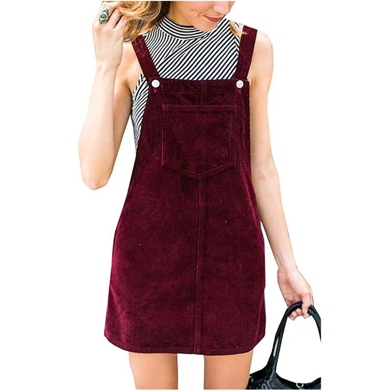Solid Color Corduroy Suspender Dress for Women with a Halter Neck