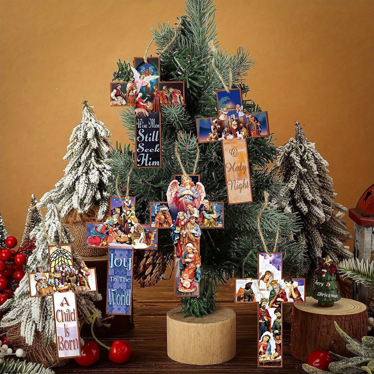 🔥ON SALE🔥Holy Night Nativity Hanging Wooden Cross Ornaments