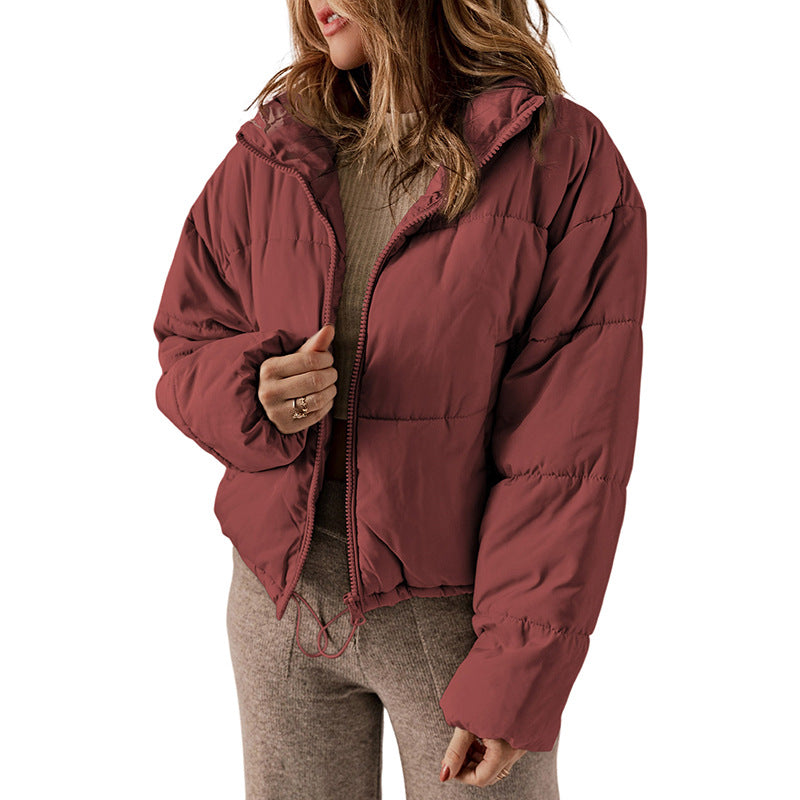 Casual All Matching Solid Color Warm Keeping Cotton Padded Coat Women Winter Stand Collar Thick Zipper Jacket Women