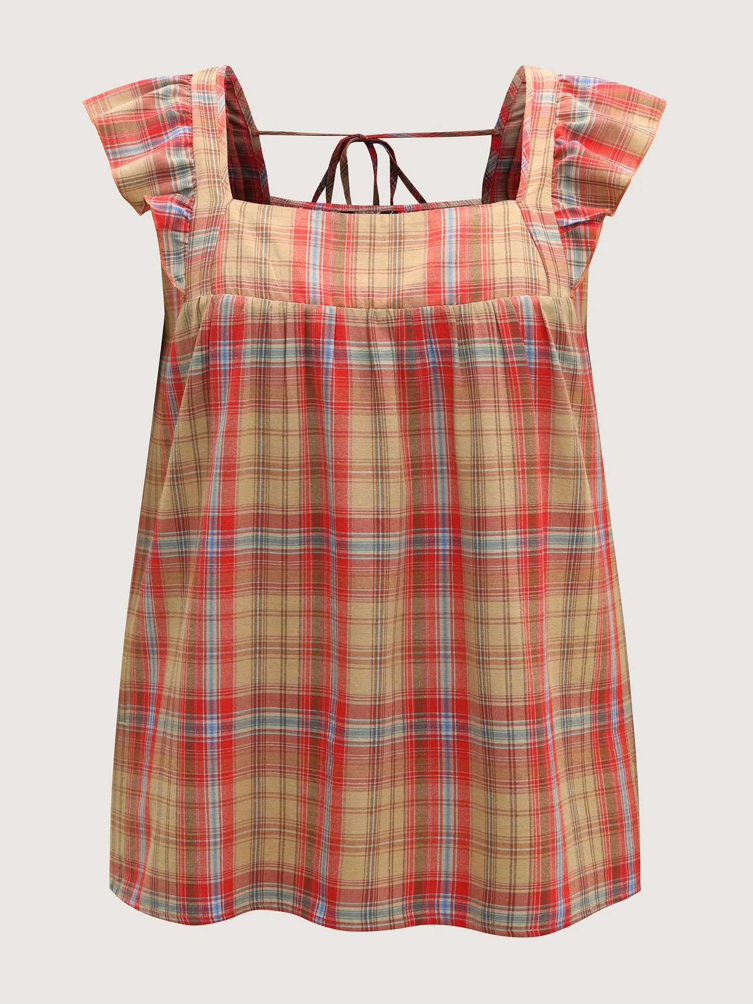 Plaid Print Flutter Sleeve Pleated Blouse