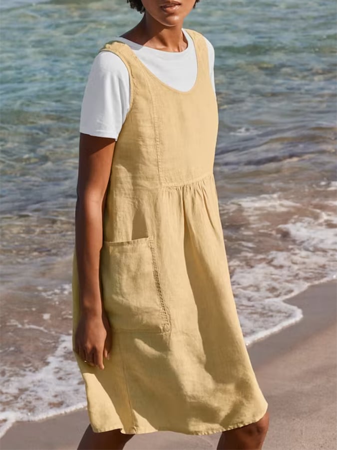 Cotton Linen Round Neck Sleeveless Pocket Simple Dress