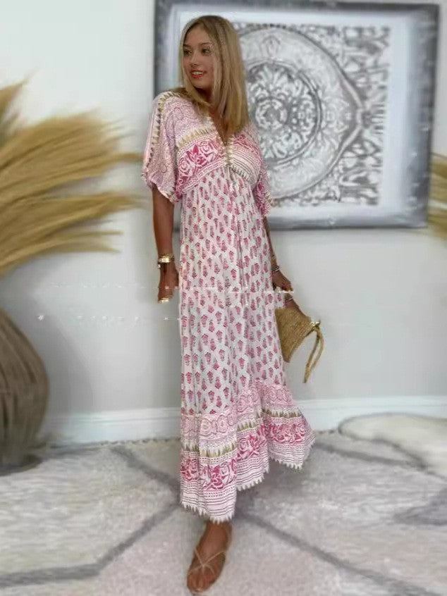 Women's V-Neck Drawstring Dress with Slimming Fit and Floral Print Design