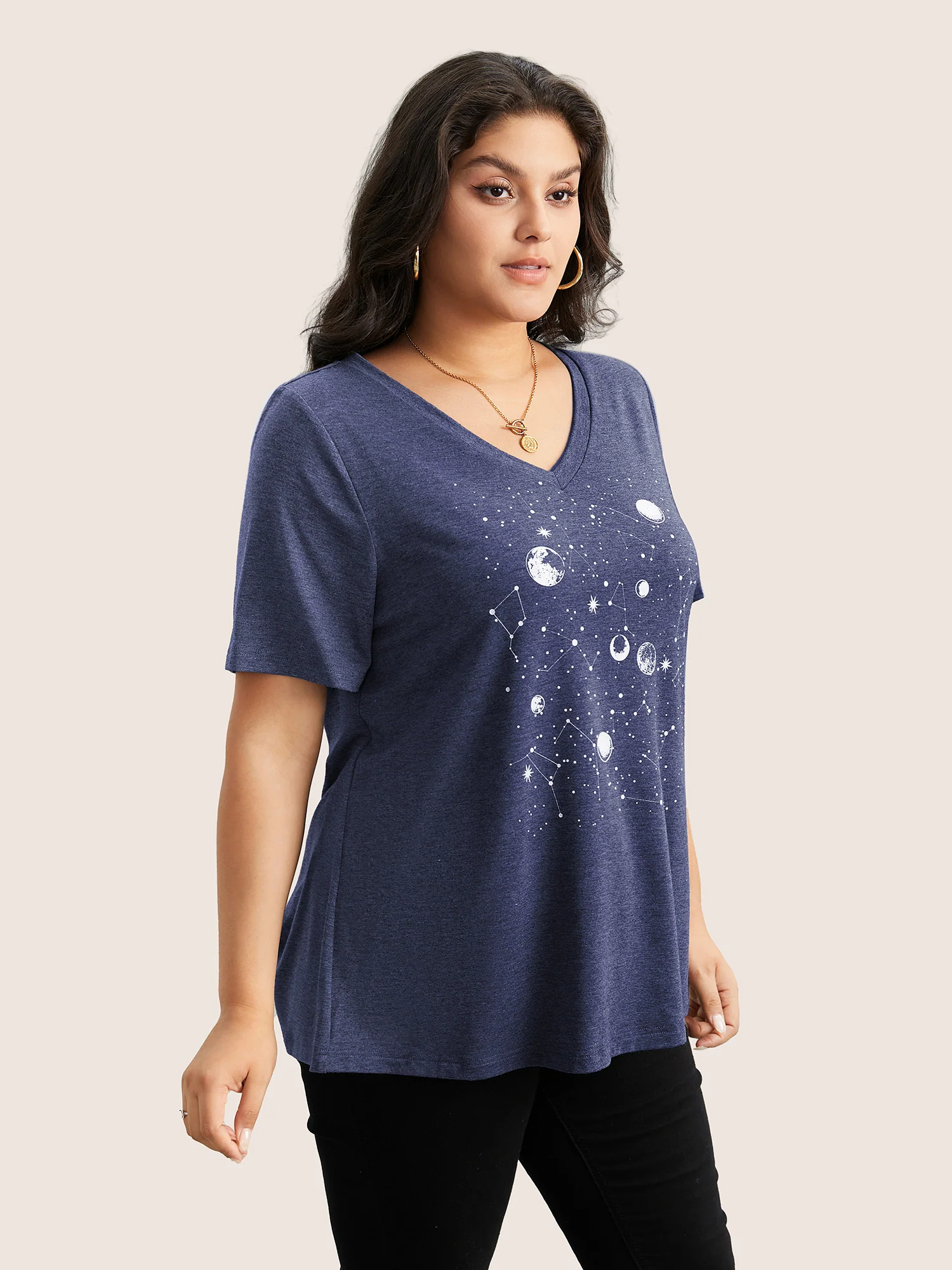 Moon and Star Print V Neck T-shirt