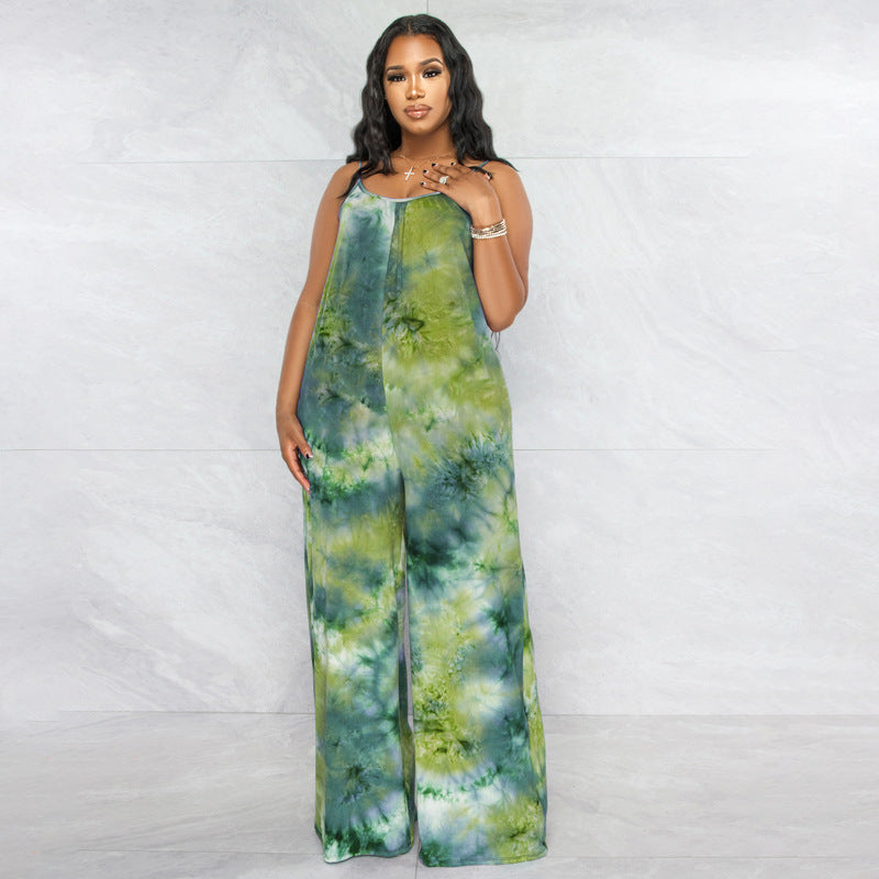 Plus Size New Tie-Dyed Printed Sling Casual Pants Straight Stylish Loose Jumpsuit