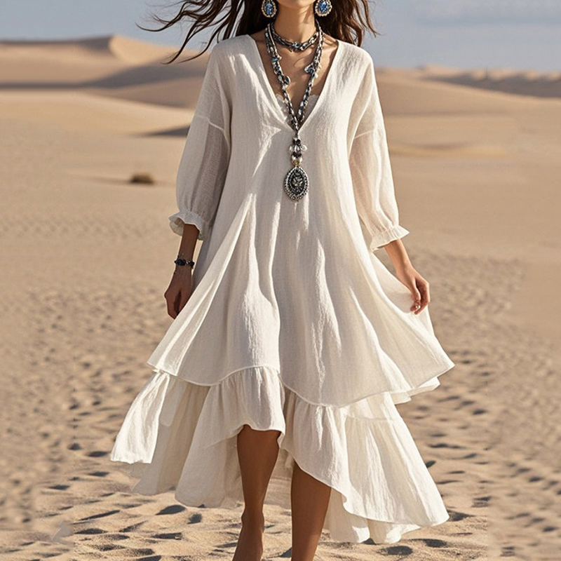 Women's Vintage Solid Color Linen V-neck Dress