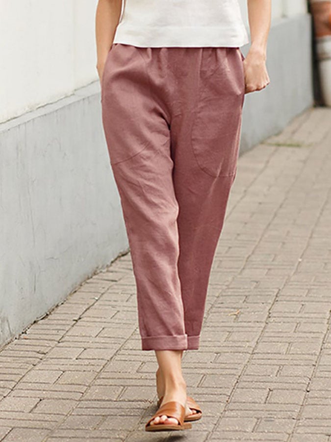Cotton Linen Pocket Pure Casual Pants