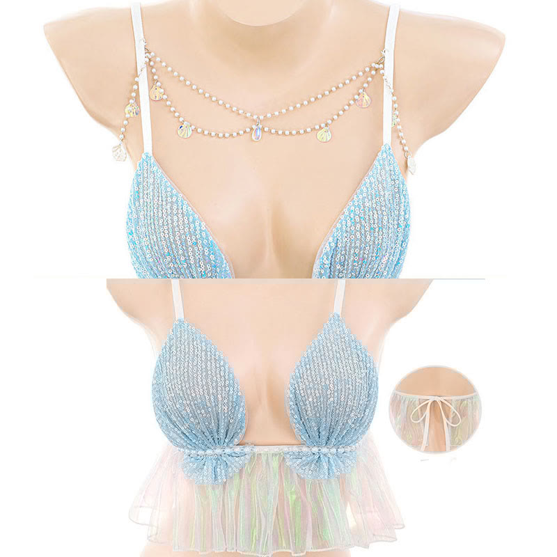 Cosplay Mermaid Sequins Bra Mesh See-through Lingerie Set