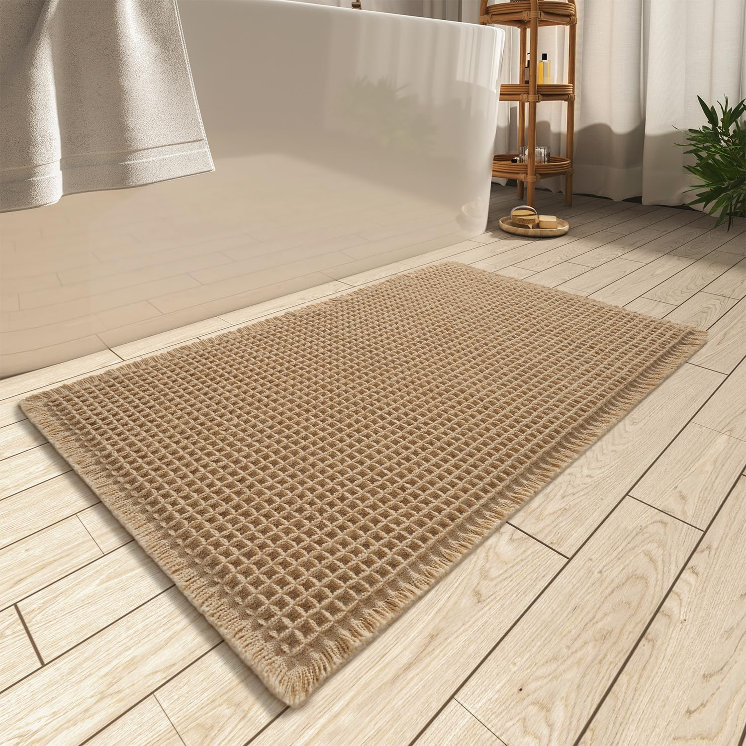 Upgraded Waffle Bath Mat, Machine Washable Bathroom Rugs with Tassels, Rubber Backed Bathroom Mats, Ultra Soft