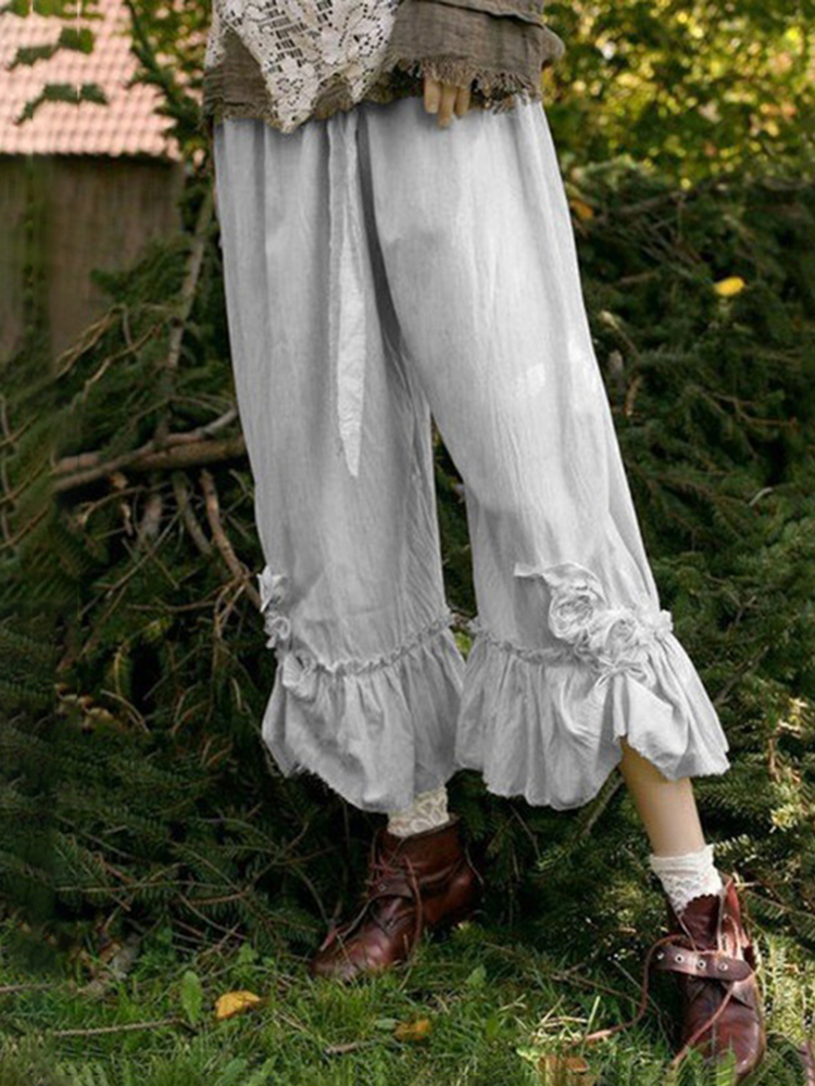 Vintage Plain Pleat Floral Loose Pant