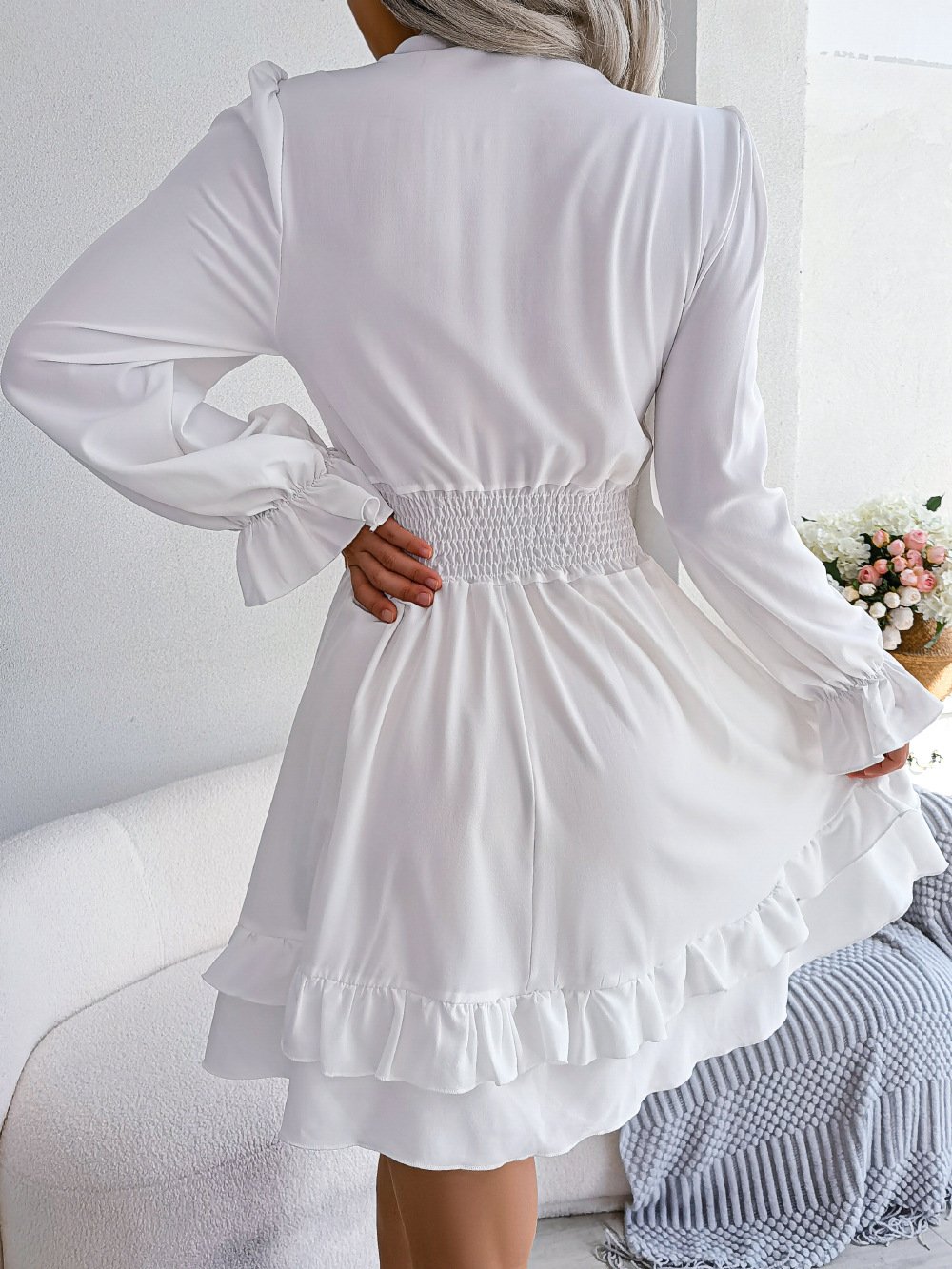 Avamo Ladies Short Dress V Neck Mini Dresses Lace Up Holiday Loose Sexy Long Sleeve
