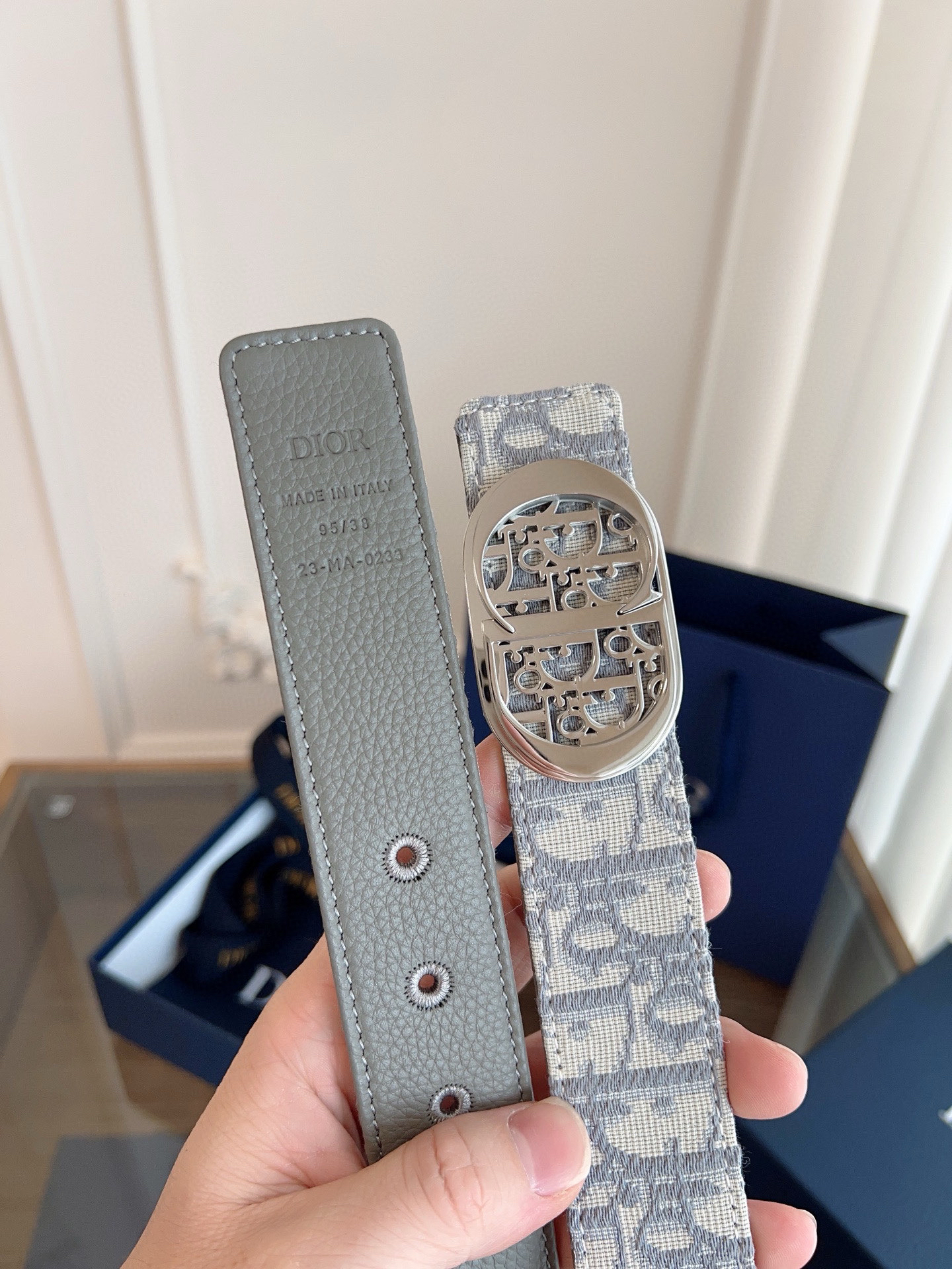 Dior Oblique grey cloth grey cowhide leather belt width 3.5cm