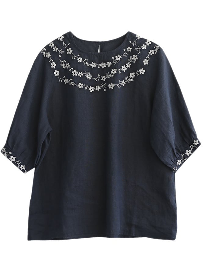 Women's Vintage Embroidered Floral Round Neck Casual Cotton And Linen Shirt