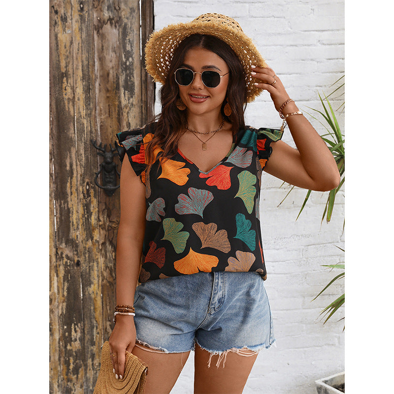 Plus Size Summer Women Fashionable V neck Lotus Sleeve Shirt Independent Stand Slimming Printed Casual Shirt