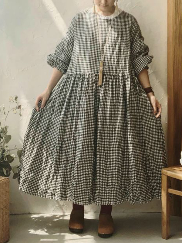 Vintage Checkered Long Sleeve Cotton Linen Midi Dresses