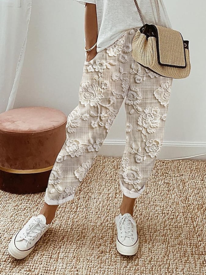 Women's Floral Embroidery Print Cotton And Linen Pants(With Pockets)