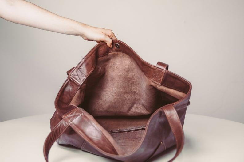 Women's Large Soft Leather Tote Bag With Pocket