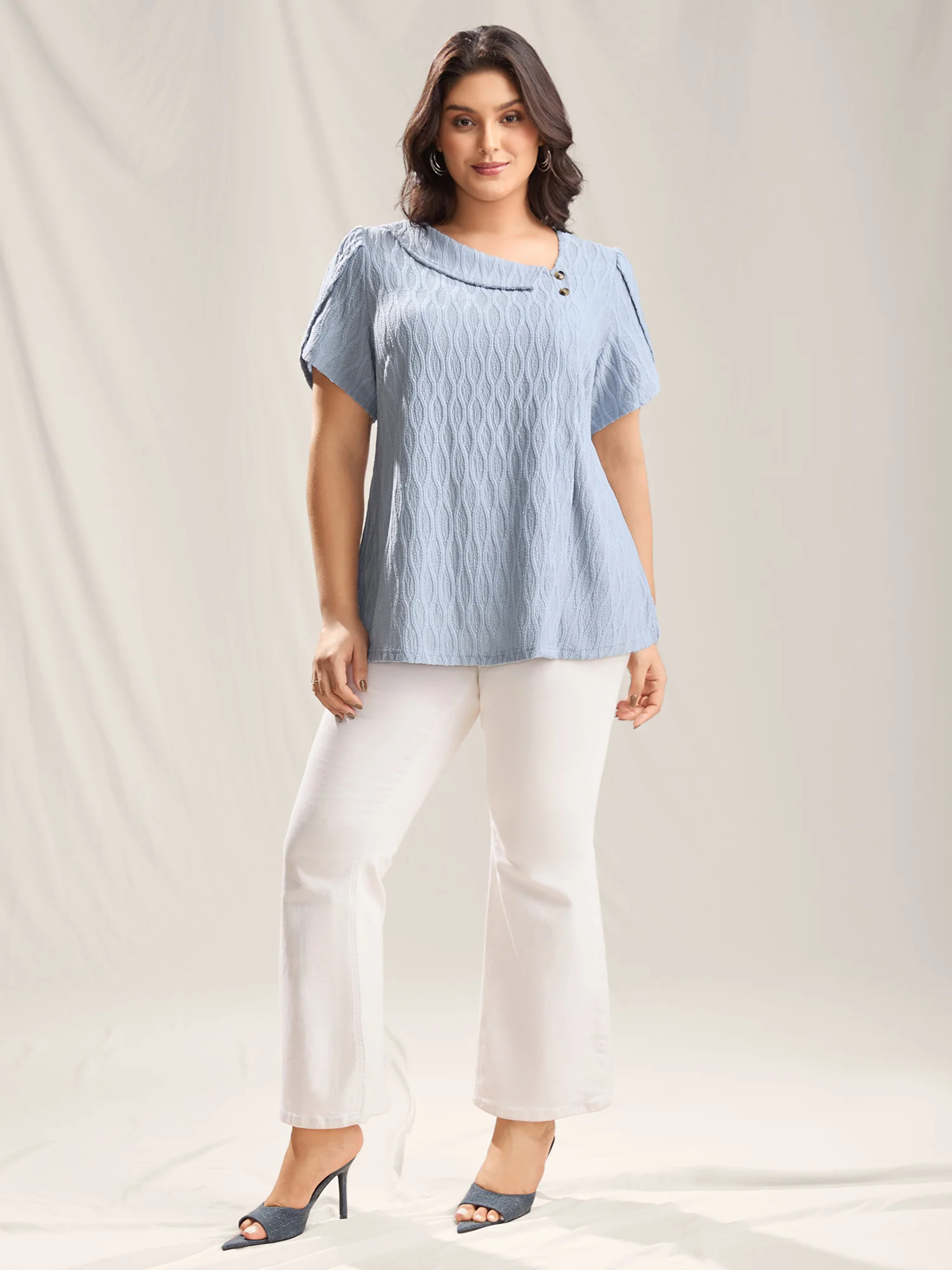 Asymmetrical Collar Textured Plain Blouse