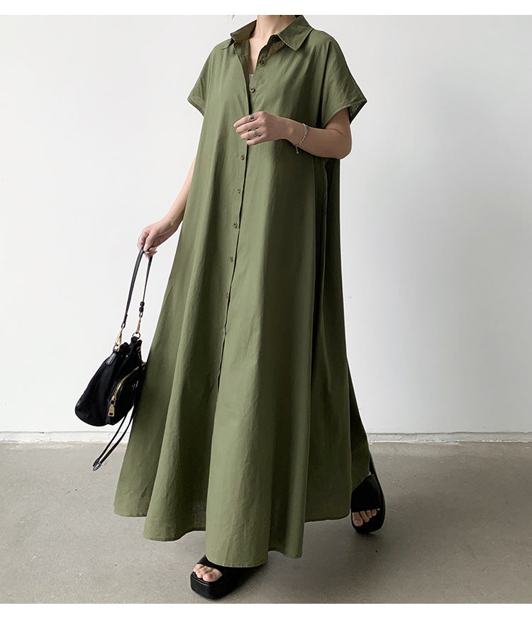 Summer Dress Women Pullover Short Sleeve Linen Solid Color Loose Lapels Casual Shirt Dress