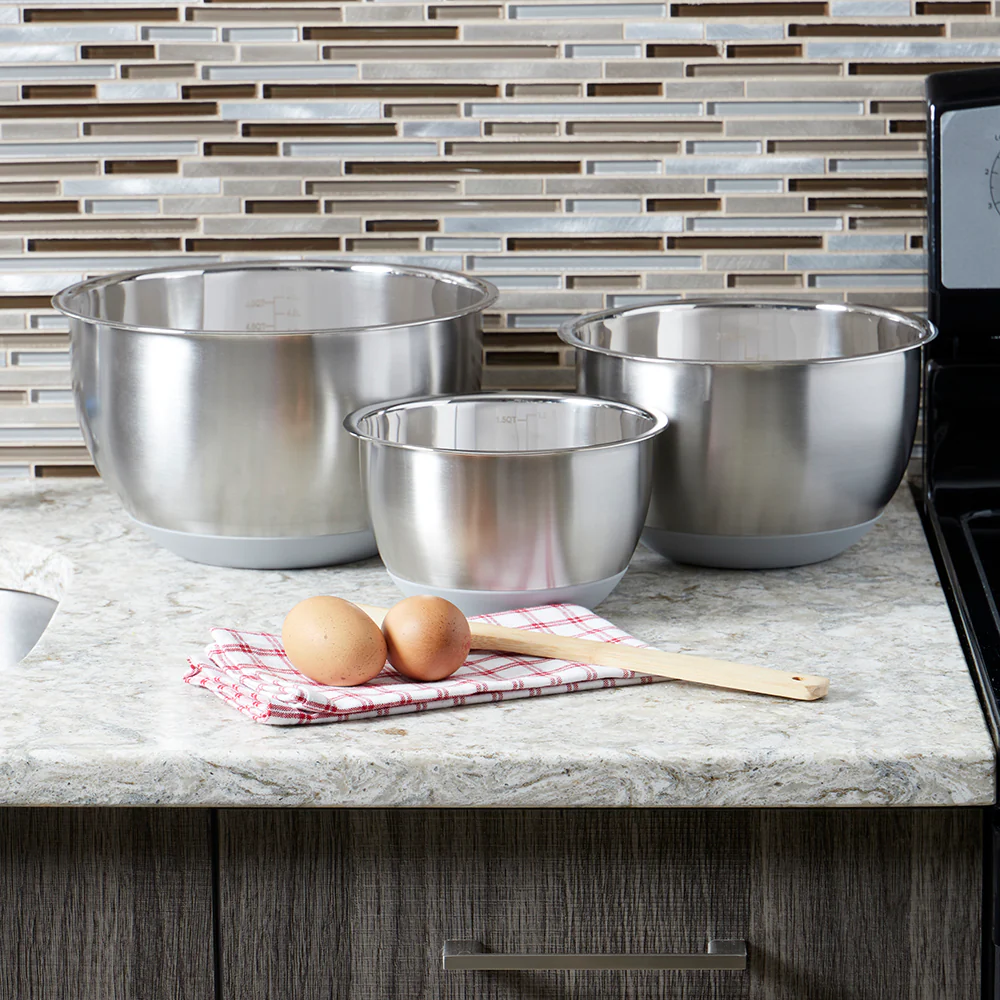 Home Basics 3 Piece Stainless Steel Nesting Mixing Bowls with Rubber Bottoms