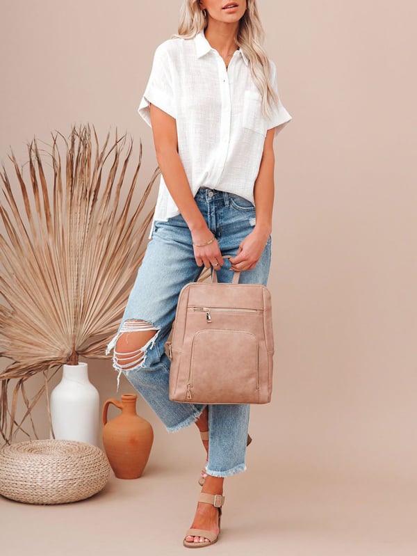 Women's cotton linen short sleeves ladies lapel buttoned shirt