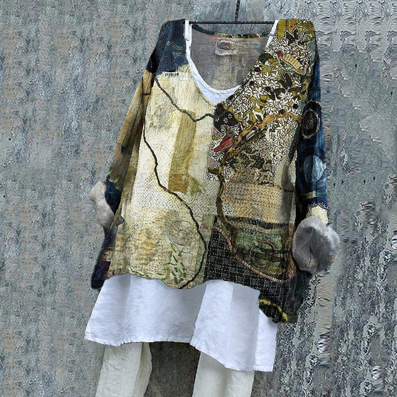 Vintage Japanese Thread Stitching Pattern Women's Linen Shirt