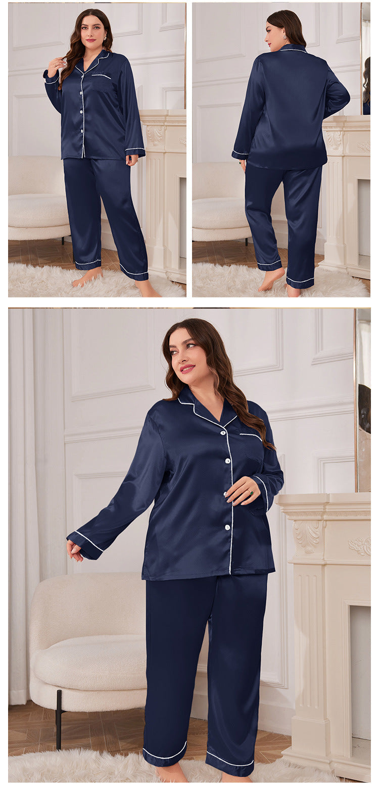 plus Size Pajamas Women Long Silk-like Sexy Nightdress Casual Loose Lace up Pajamas Suit