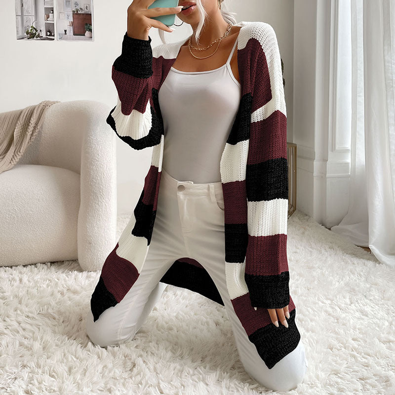 Graceful and Fashionable Women's Colorblock Sweater Coat without Buttons