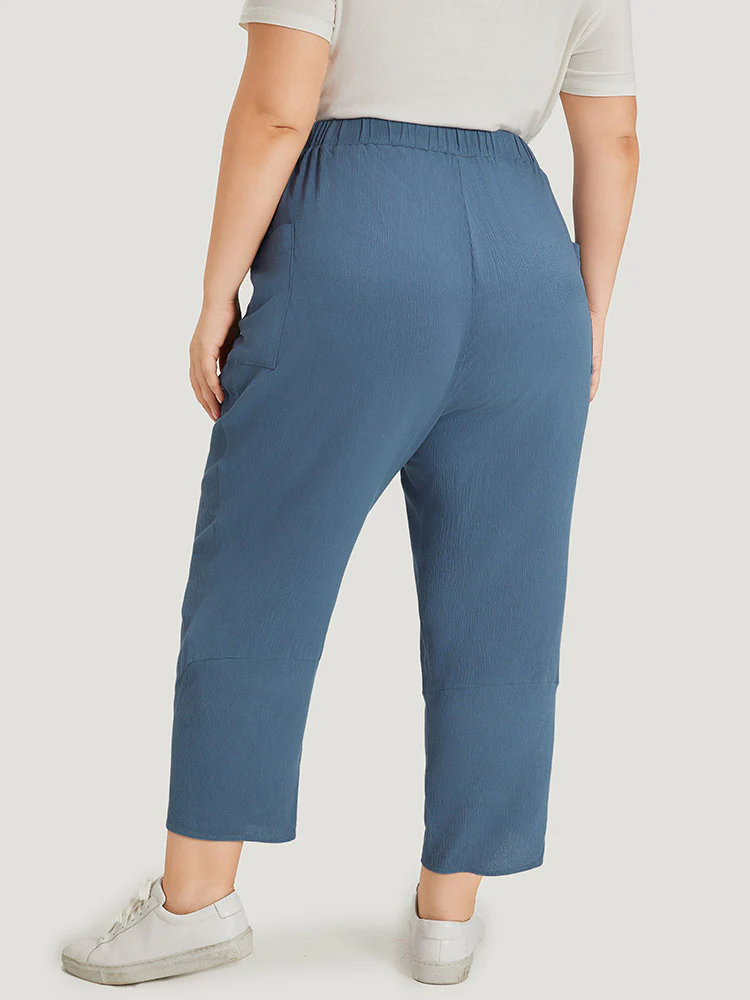 Solid Pocket Elastic Waist Wrap Hem Pants