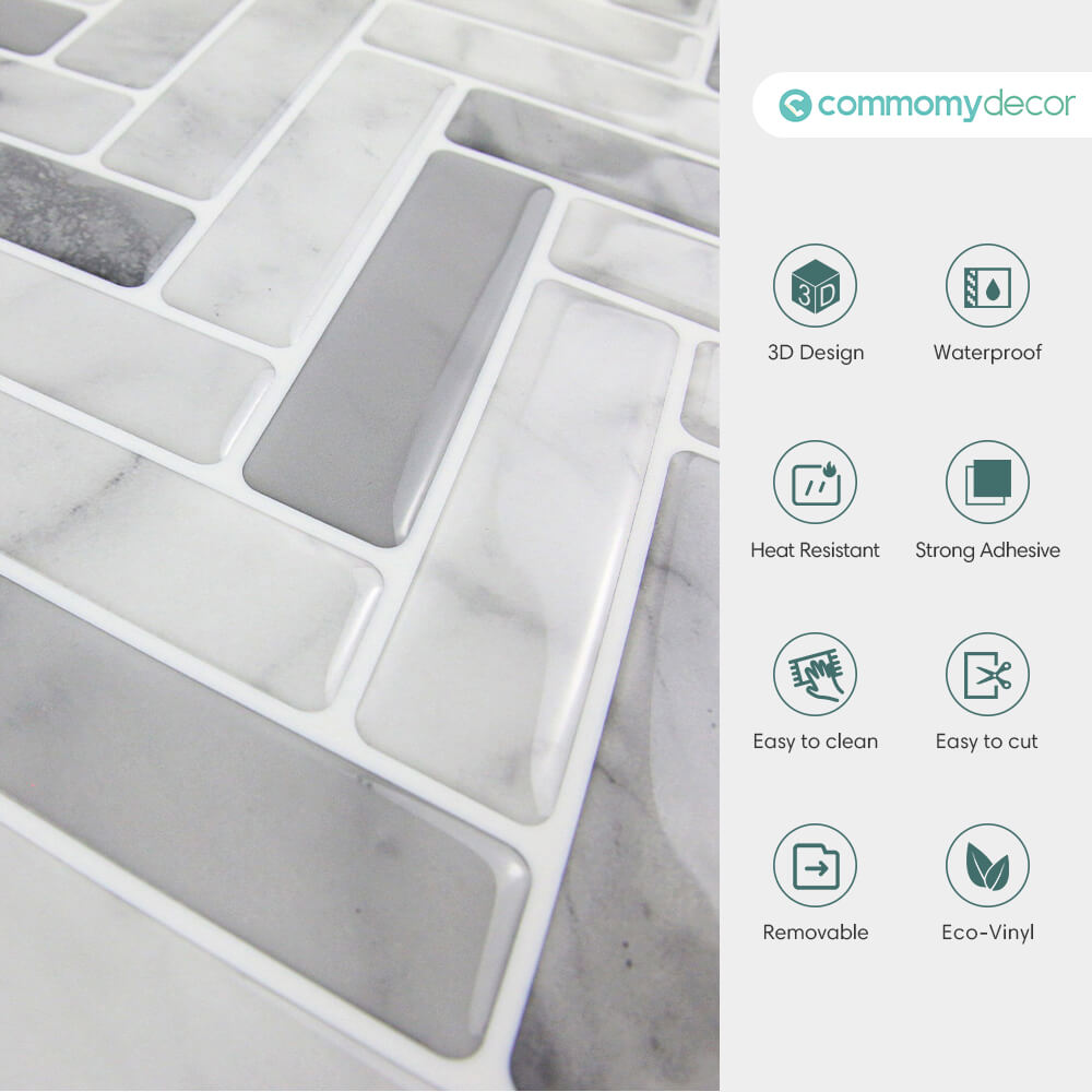 White Marble Herringbone Backsplash Peel and Stick Tile - Thicker Design