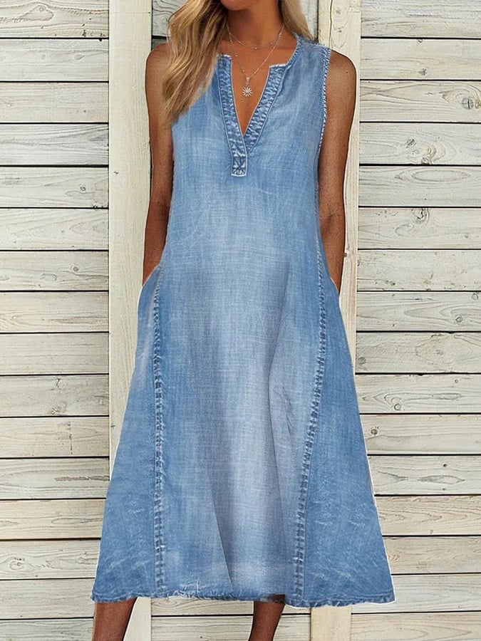 Women's Solid Color Elegant V-Neck Denim Dress