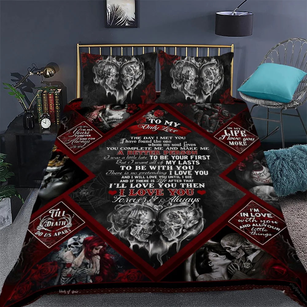 To My Only Love. Skull Couple Quilt Bed Set