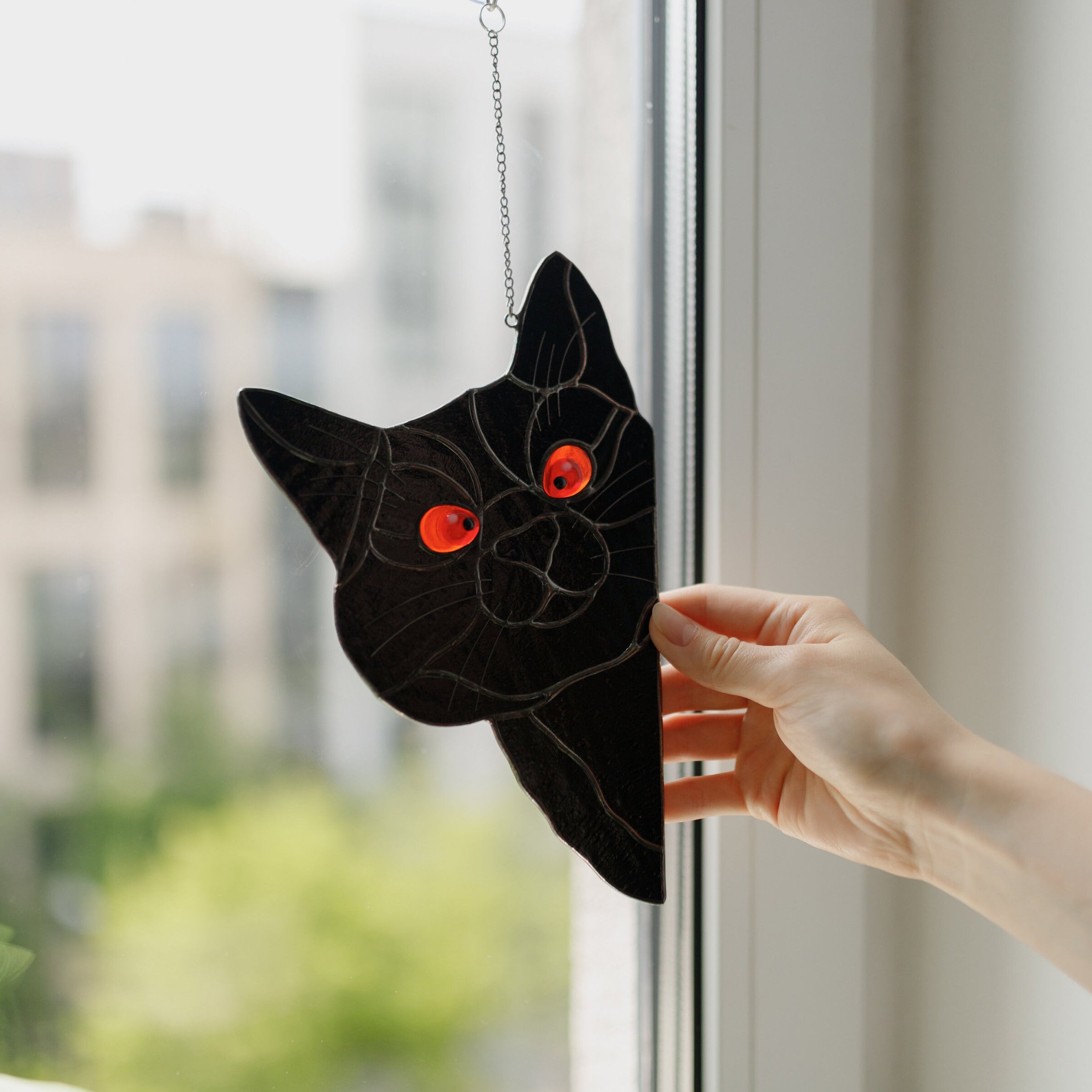 Spooky Season Gift for Cat Lover-Stained Glass Black Cat Suncatcher
