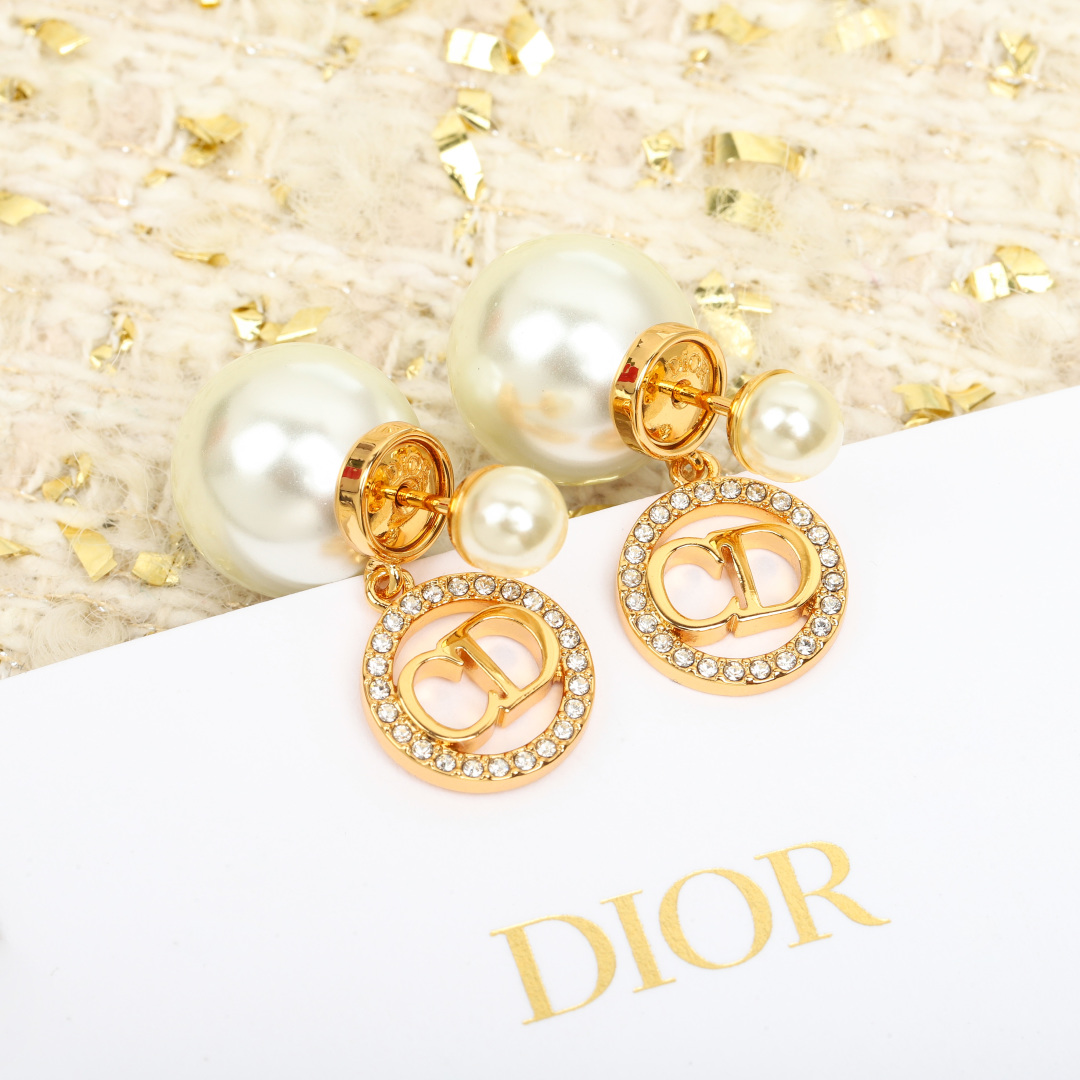 Dior Round Crystal CD Double Ball Pearl Earrings