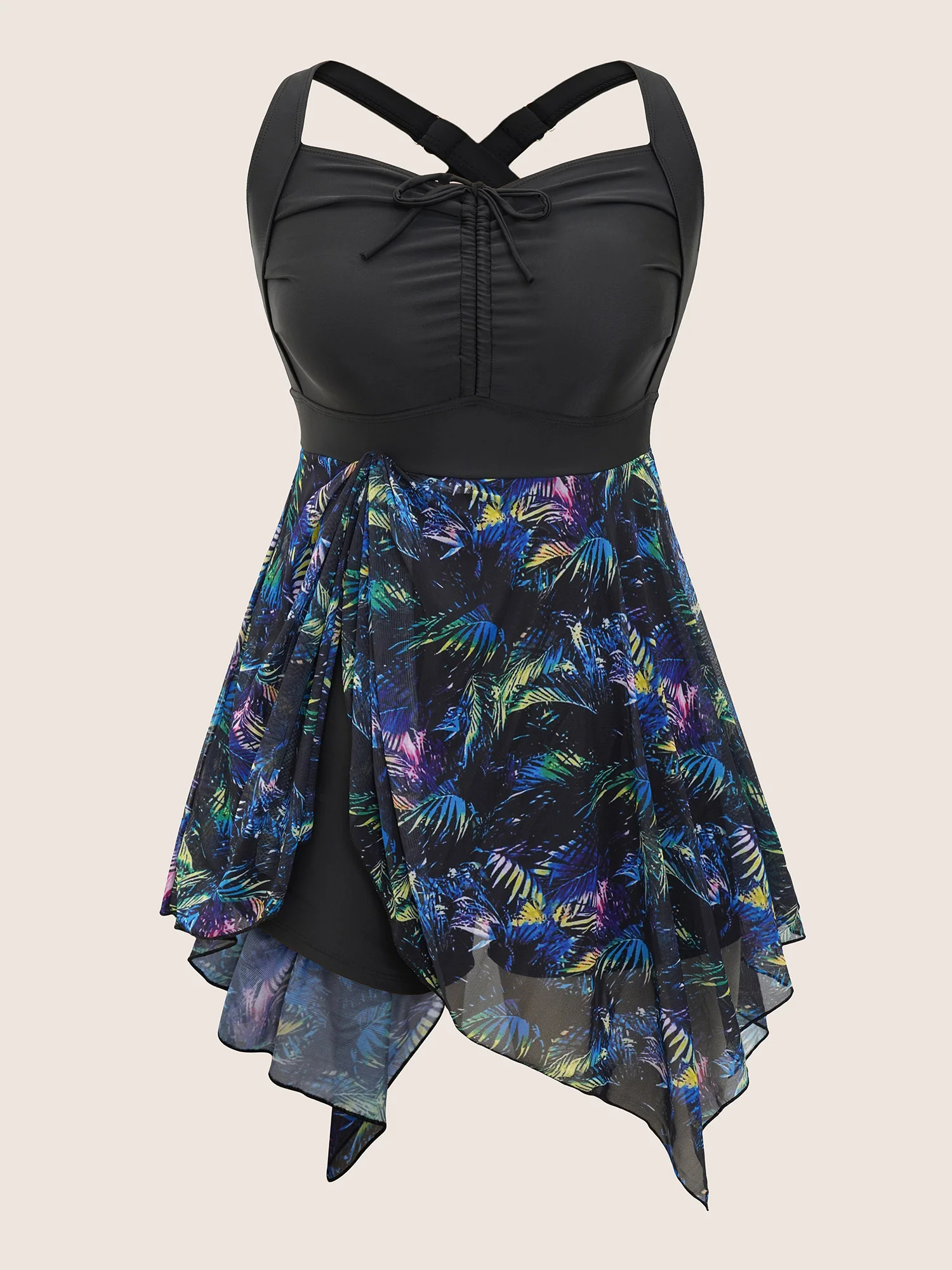 Tropical Ruched Ties Hanky Hem Crisscross Swim Dress