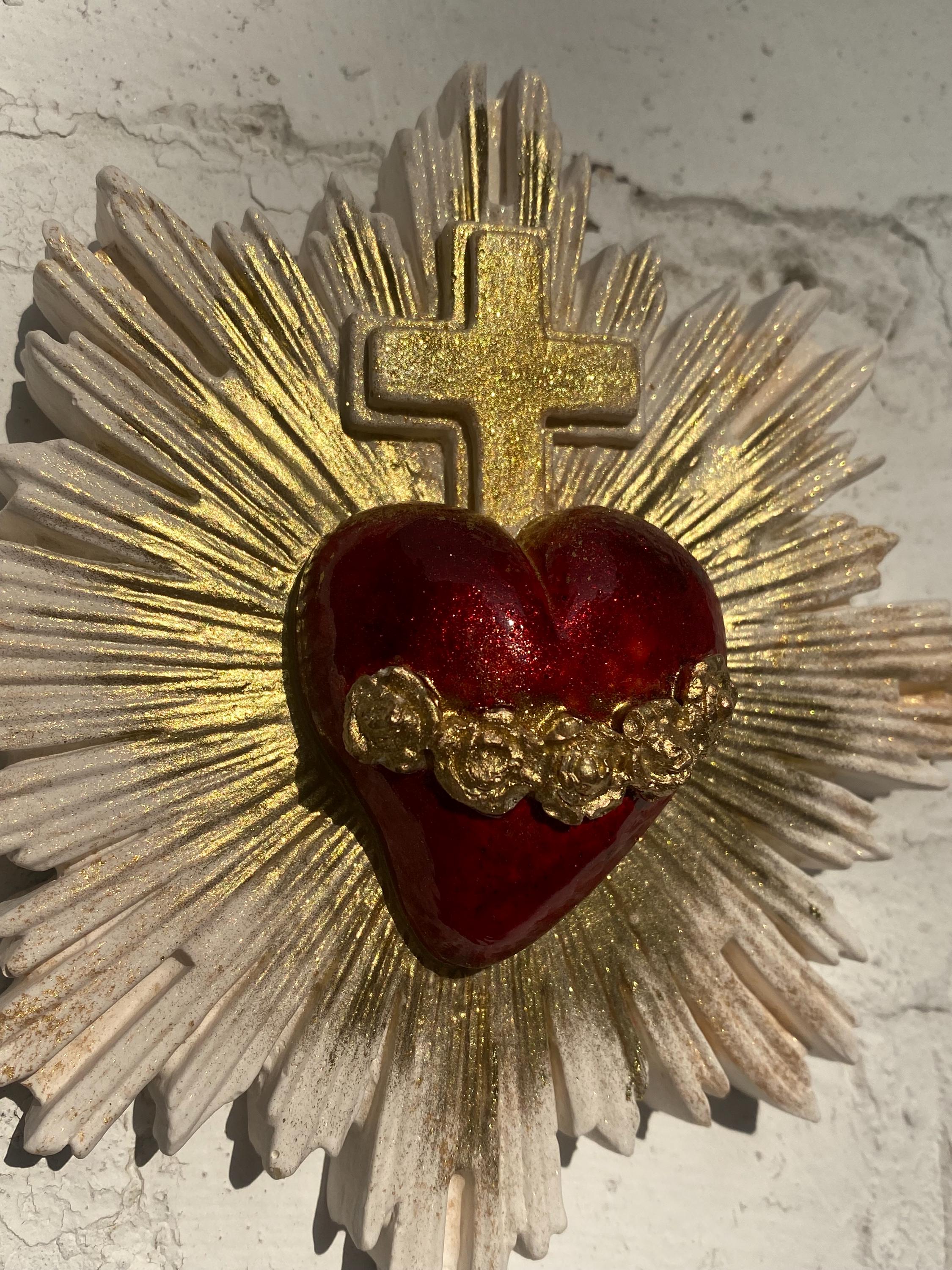 Sacred Heart Wall Decor, Milagro Heart, Flaming Heart & Cross, Handmade.